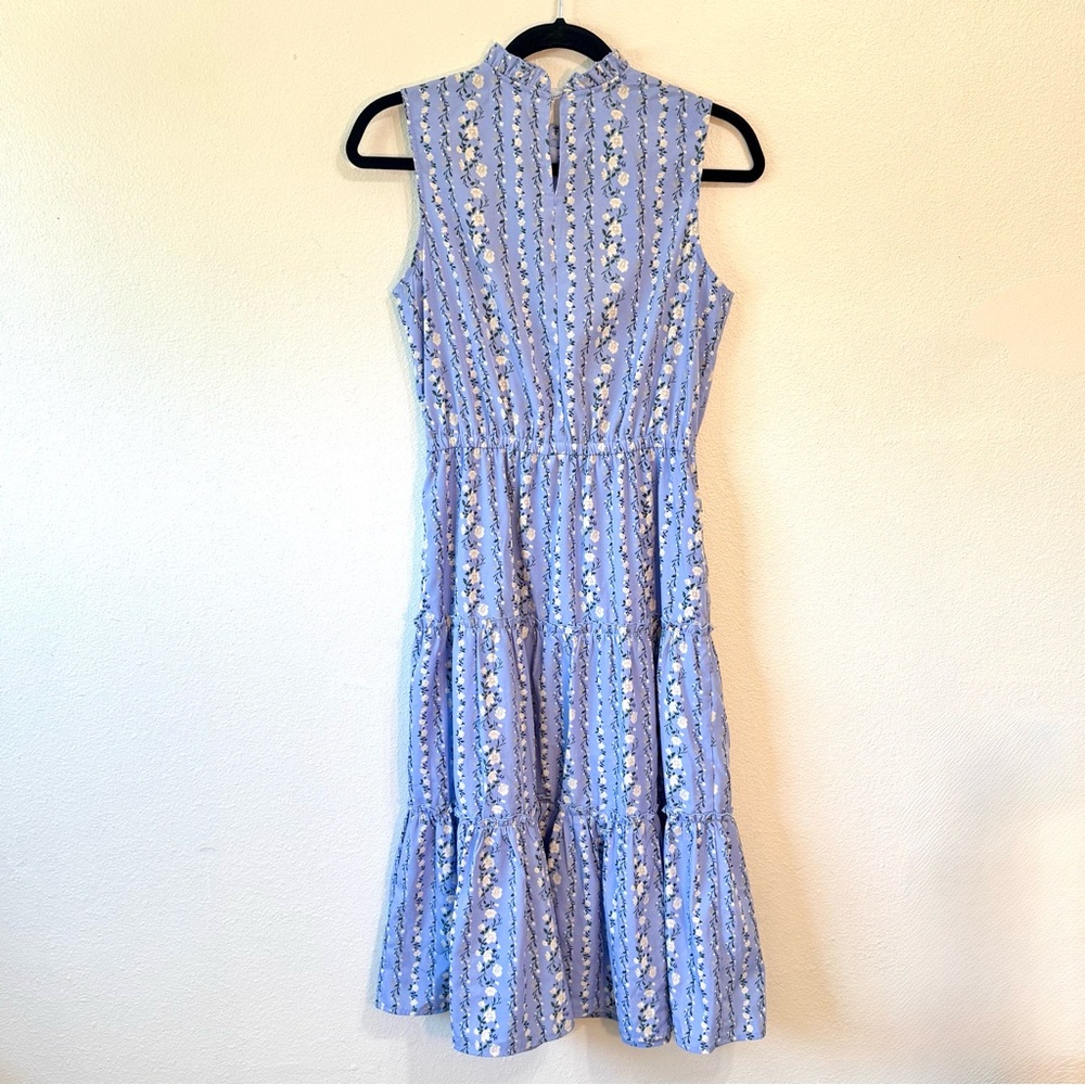 Melloday Floral Tiered Midi Dress – Ruffle Neck, Size Small, Blue Sleeveless - Picture 5 of 8